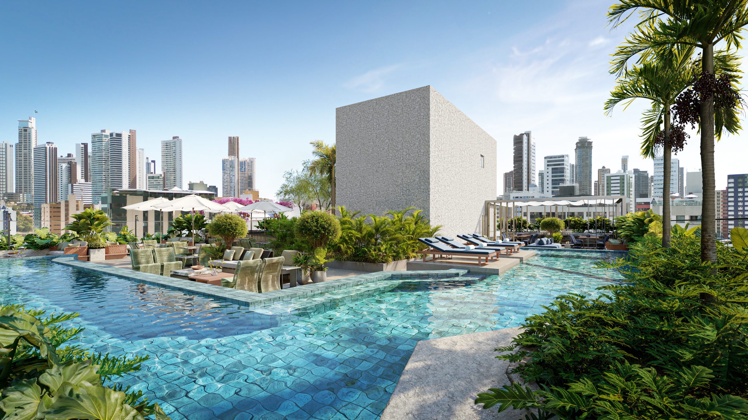 Rooftop do Lumini com piscina e vista da cidade